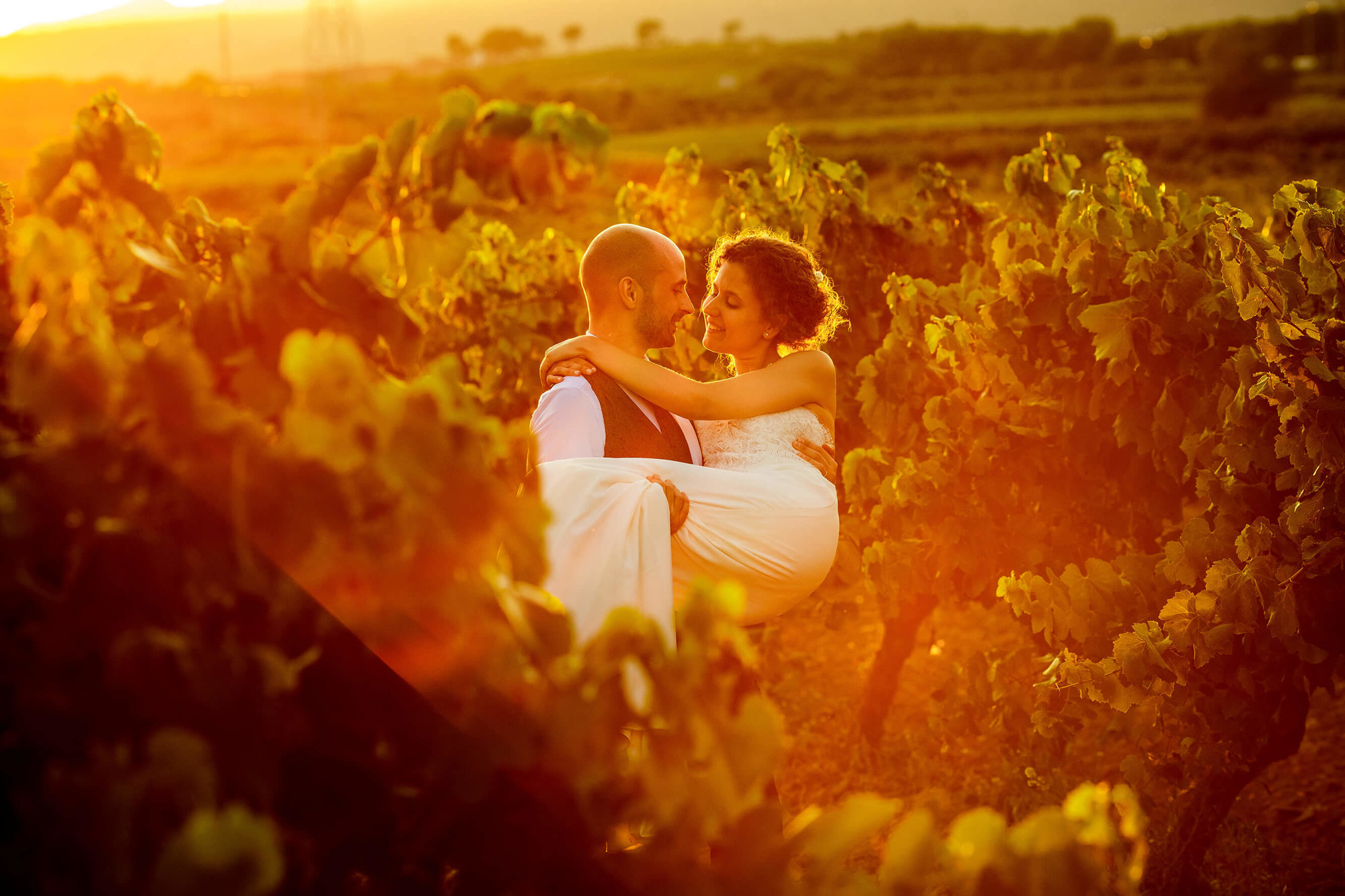 Los novios entre las viñas de Masia Papiol a la puesta de sol.